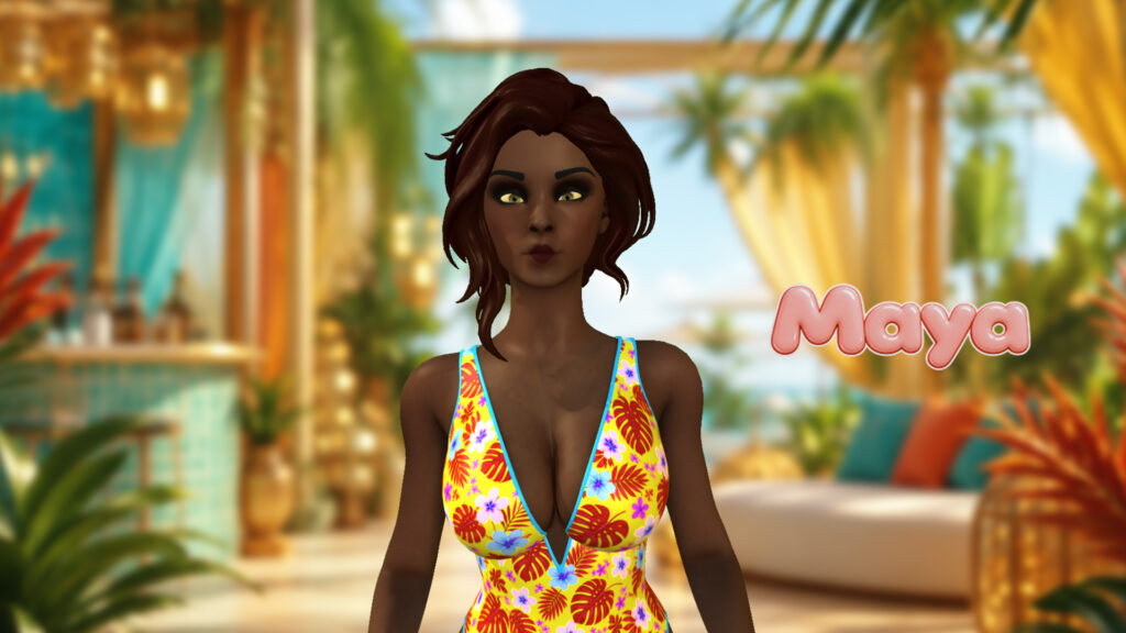 Maya indoor lounge look with floral swimsuit