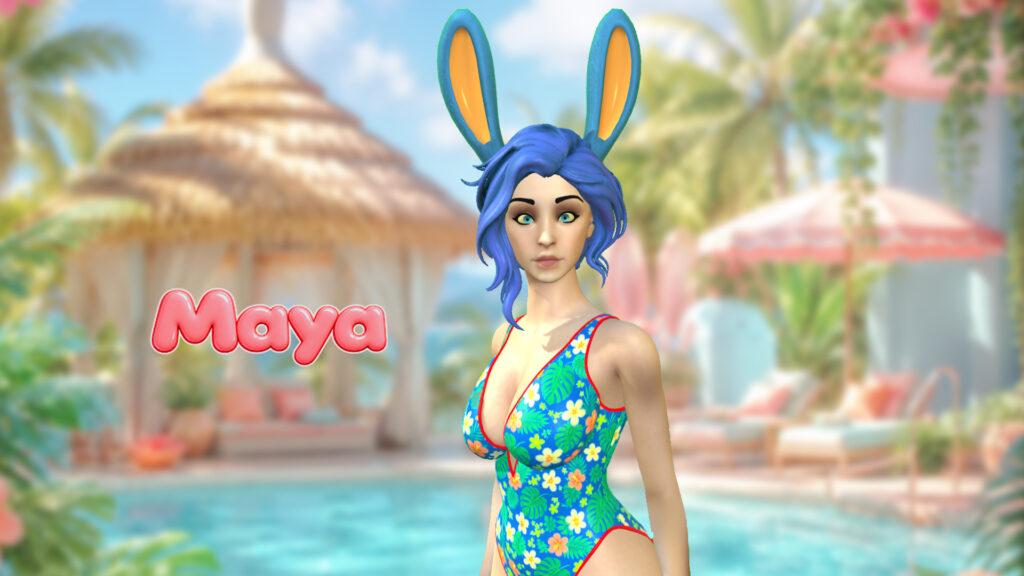 Maya poolside look with blue hair and bunny ears