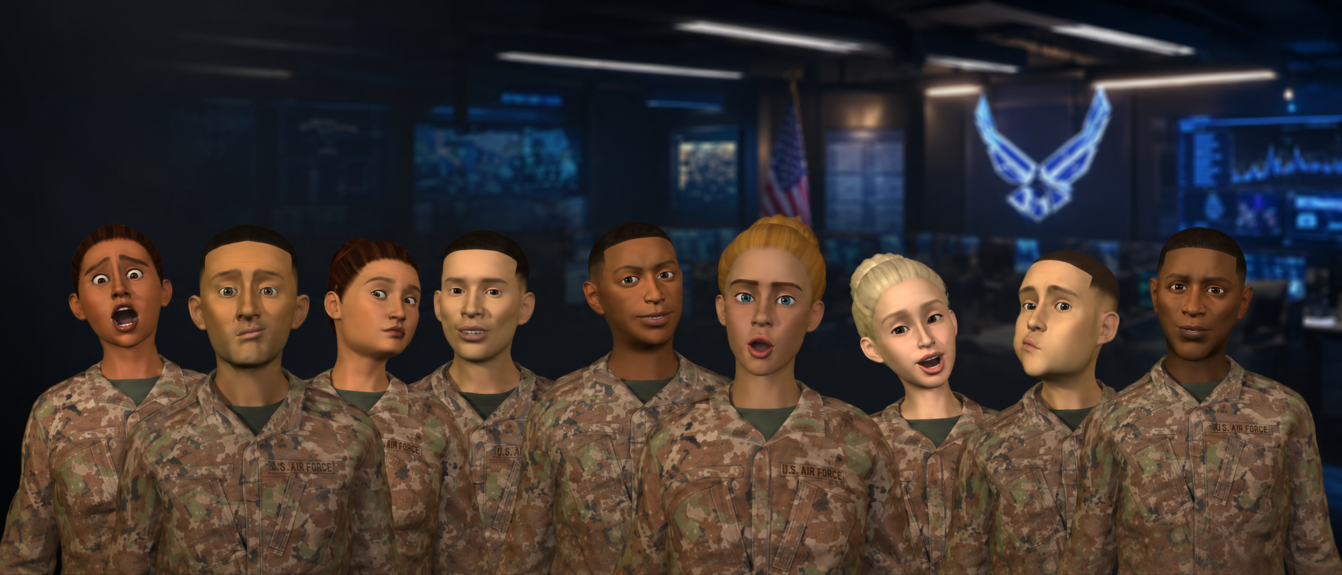 EII military avatar lineup in a command center environment