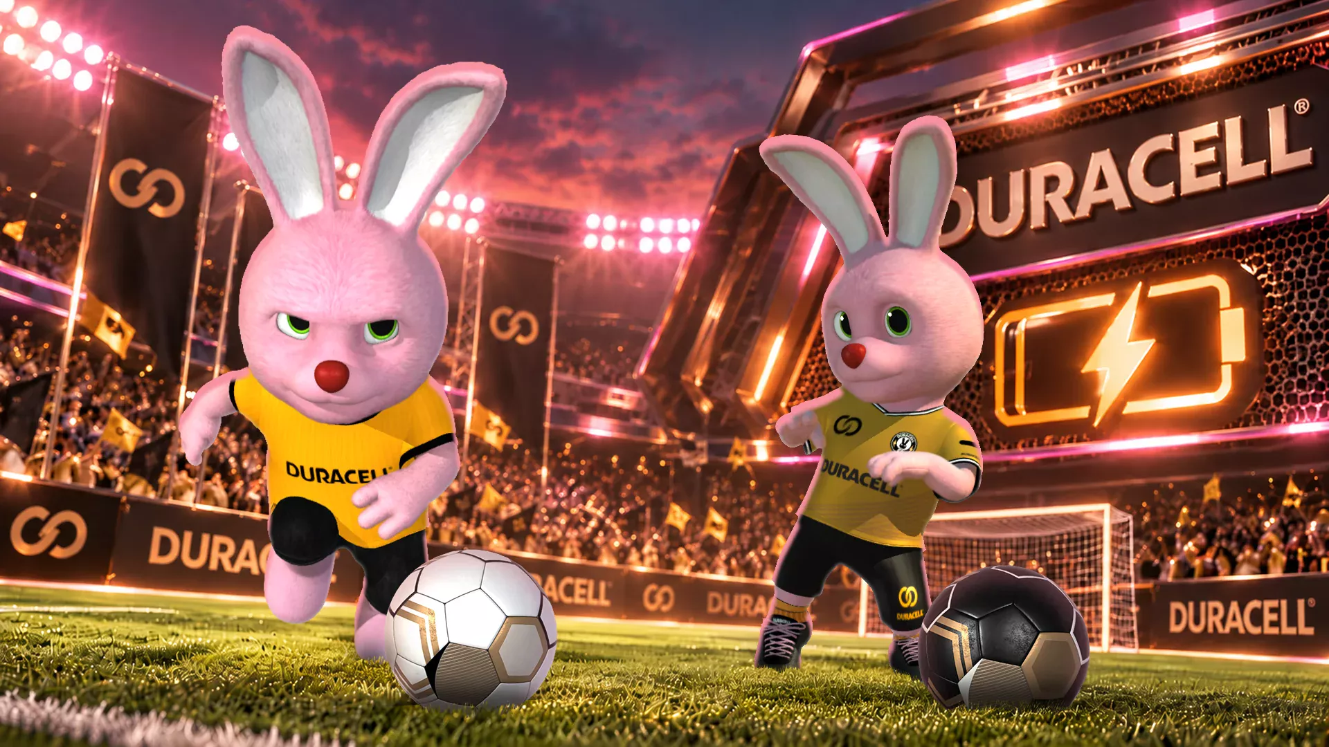 Duracell character action render with two football avatars